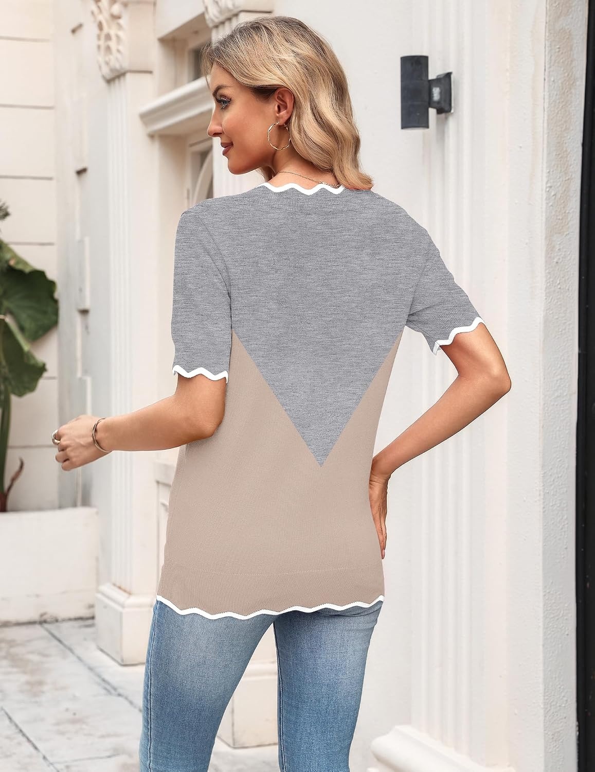 image:imageZeagoo Womens Short Sleeve Sweater 2026 Summer V Neck Tops Dressy BlousesAgreykhaki
