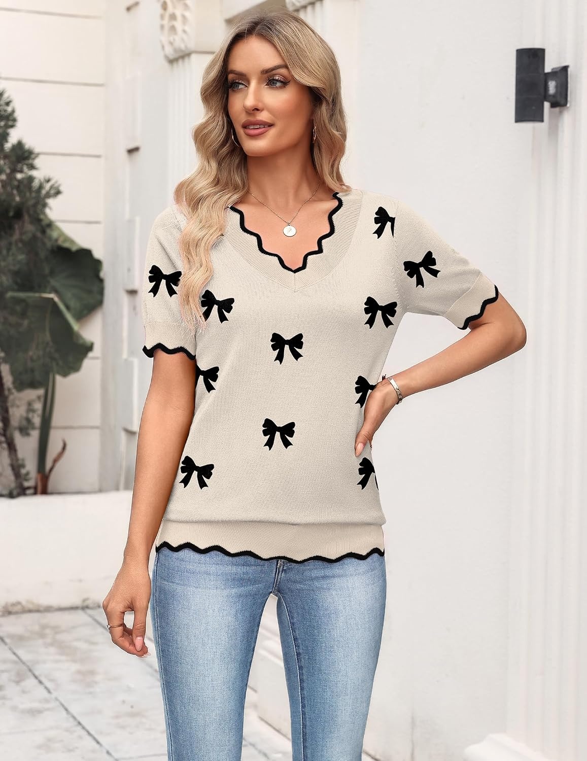 image:imageZeagoo Womens Short Sleeve Sweater 2026 Summer V Neck Tops Dressy BlousesAkhaki Bow