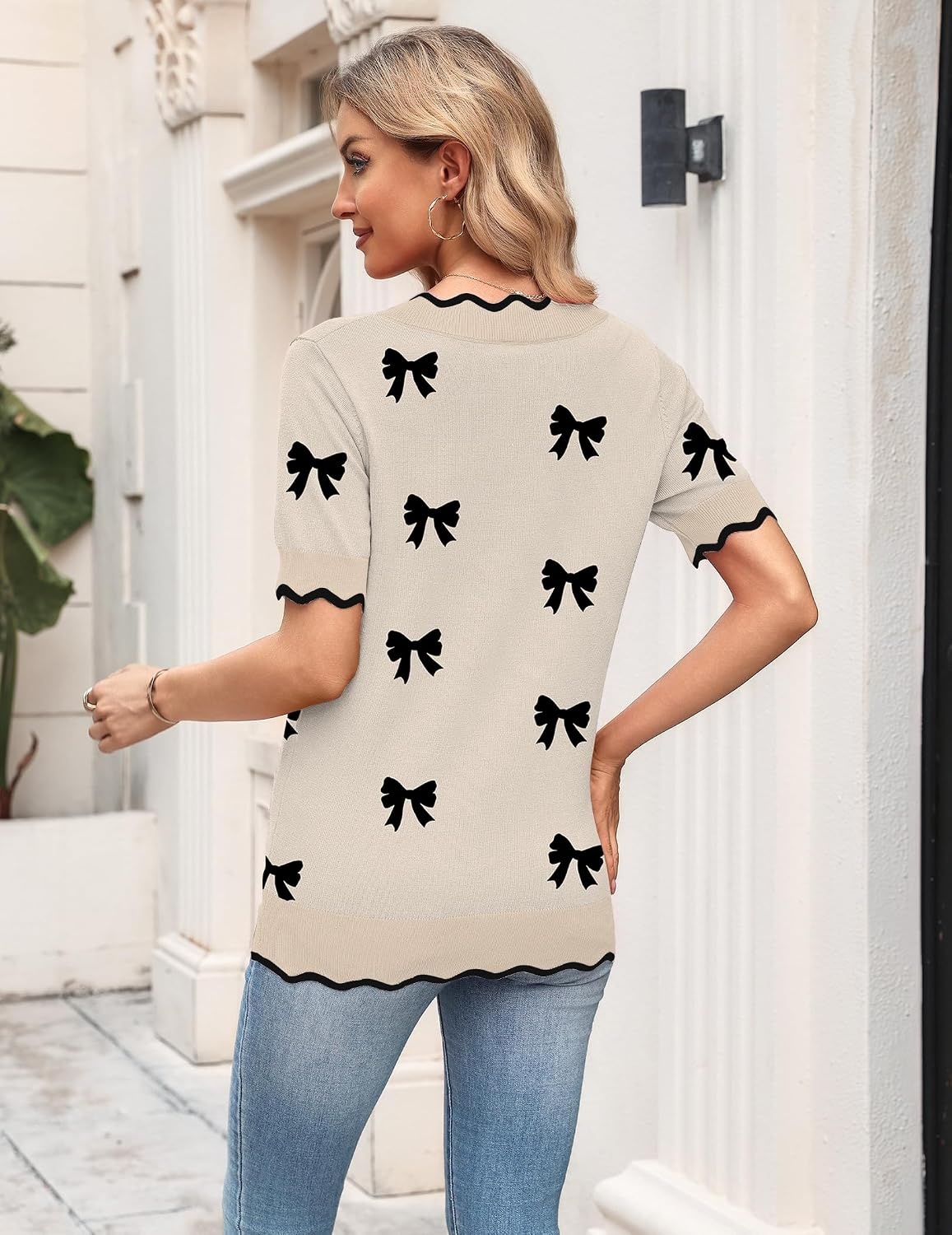 image:imageZeagoo Womens Short Sleeve Sweater 2026 Summer V Neck Tops Dressy BlousesAkhaki Bow