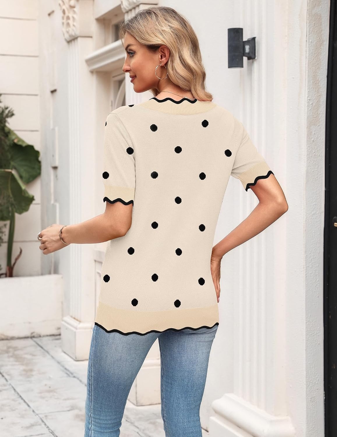 image:imageZeagoo Womens Short Sleeve Sweater 2026 Summer V Neck Tops Dressy BlousesAkhaki Polka Dot