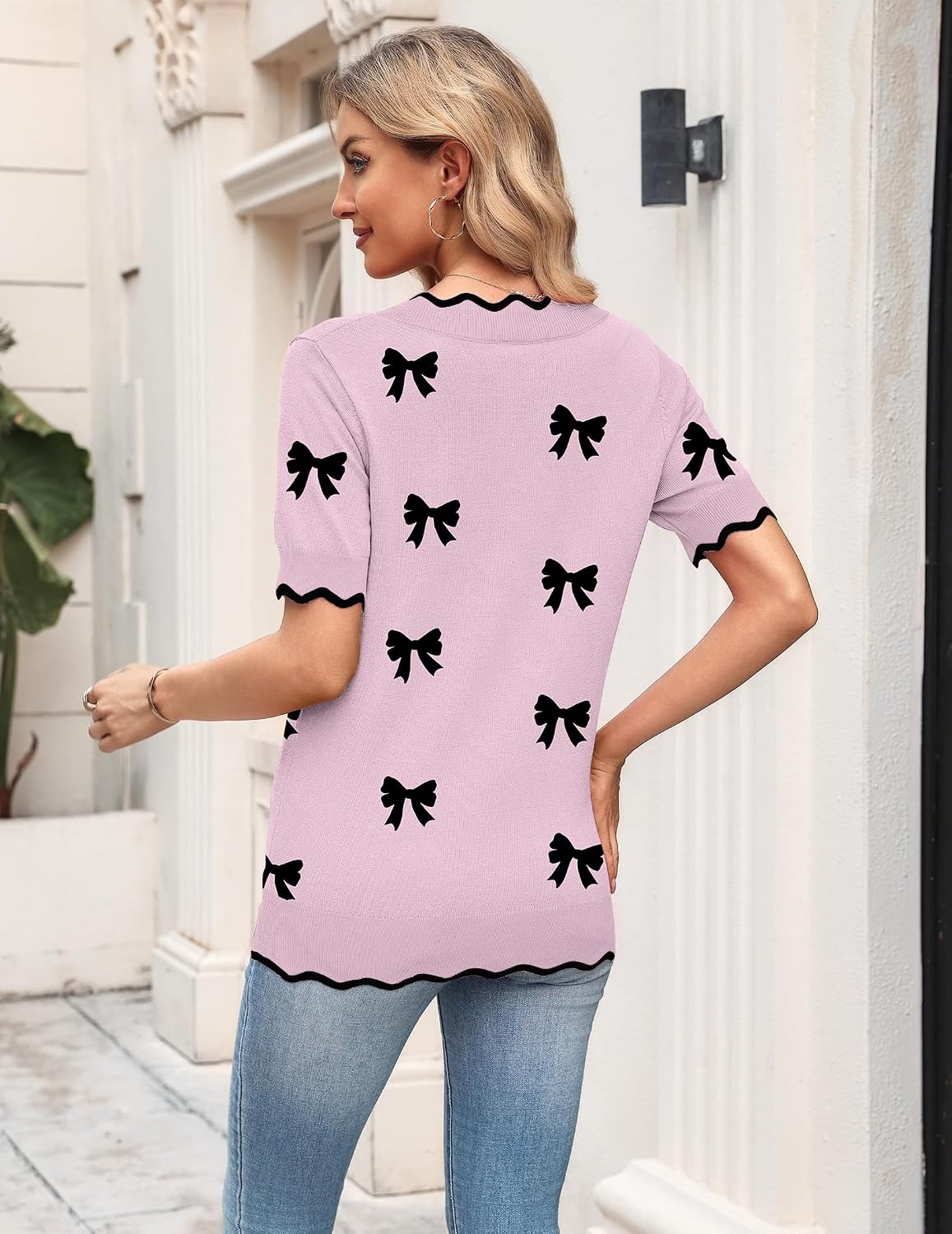 image:imageZeagoo Womens Short Sleeve Sweater 2026 Summer V Neck Tops Dressy BlousesApink Bow