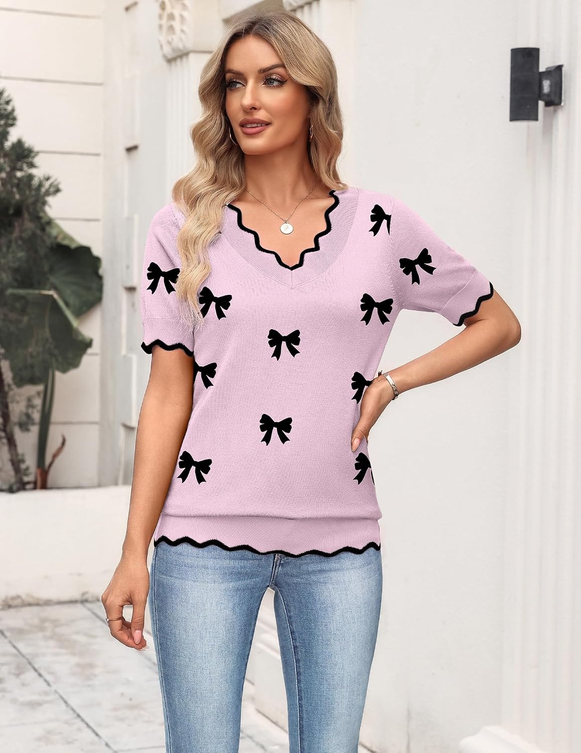 image:imageZeagoo Womens Short Sleeve Sweater 2026 Summer V Neck Tops Dressy BlousesApink Bow