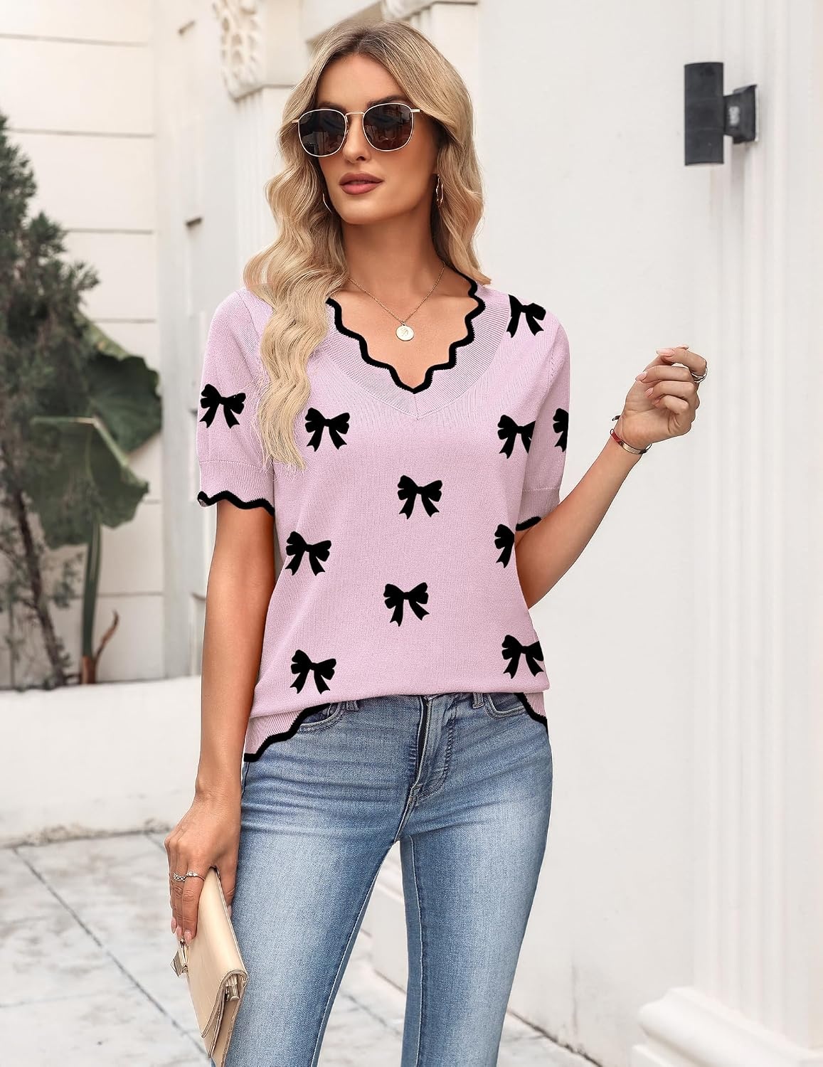 image:imageZeagoo Womens Short Sleeve Sweater 2026 Summer V Neck Tops Dressy BlousesApink Bow