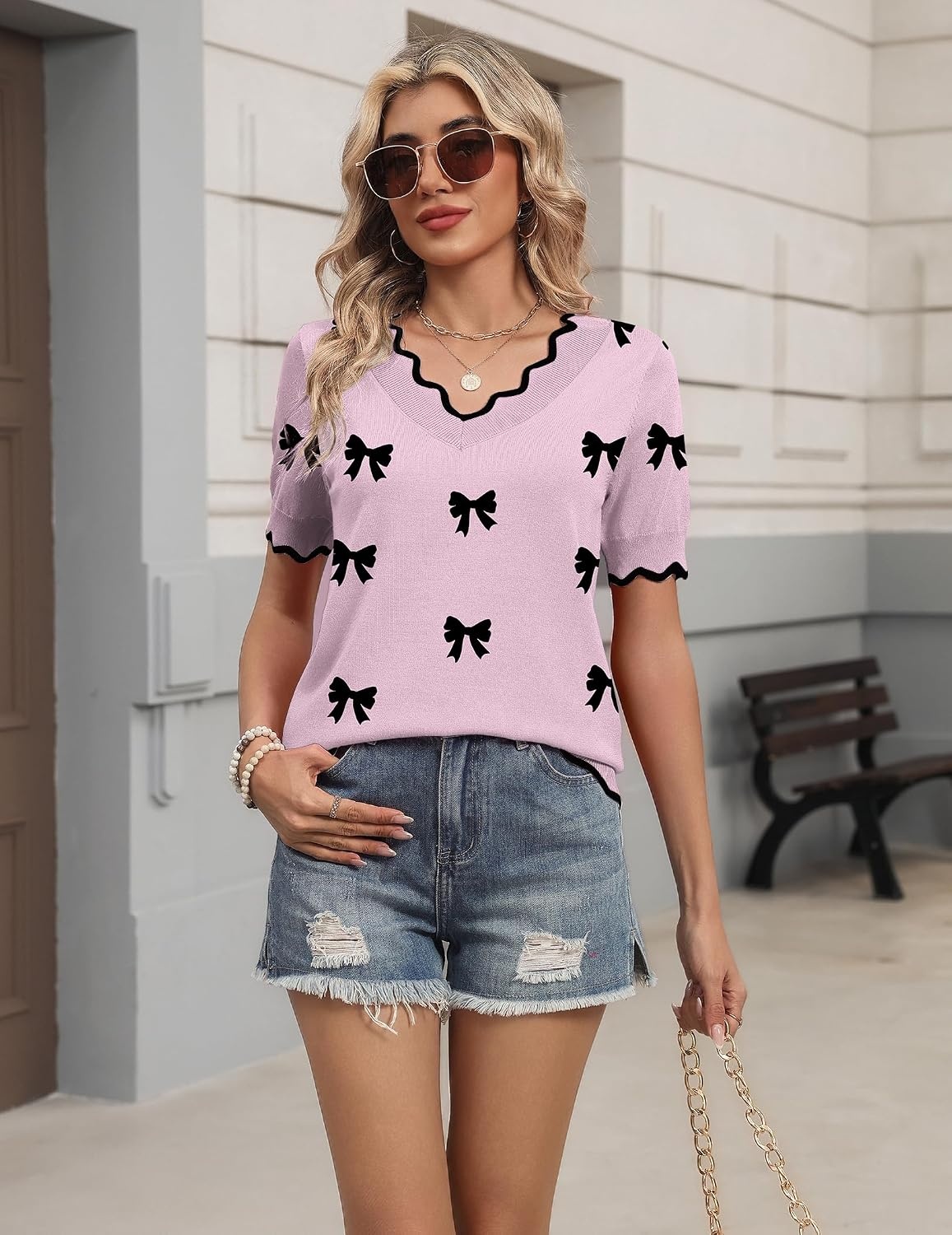 image:imageZeagoo Womens Short Sleeve Sweater 2026 Summer V Neck Tops Dressy BlousesApink Bow