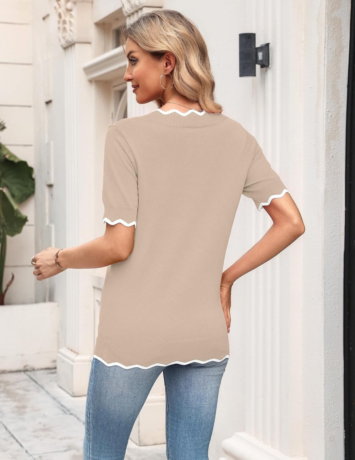 image:imageZeagoo Womens Short Sleeve Sweater 2026 Summer V Neck Tops Dressy BlousesApricot