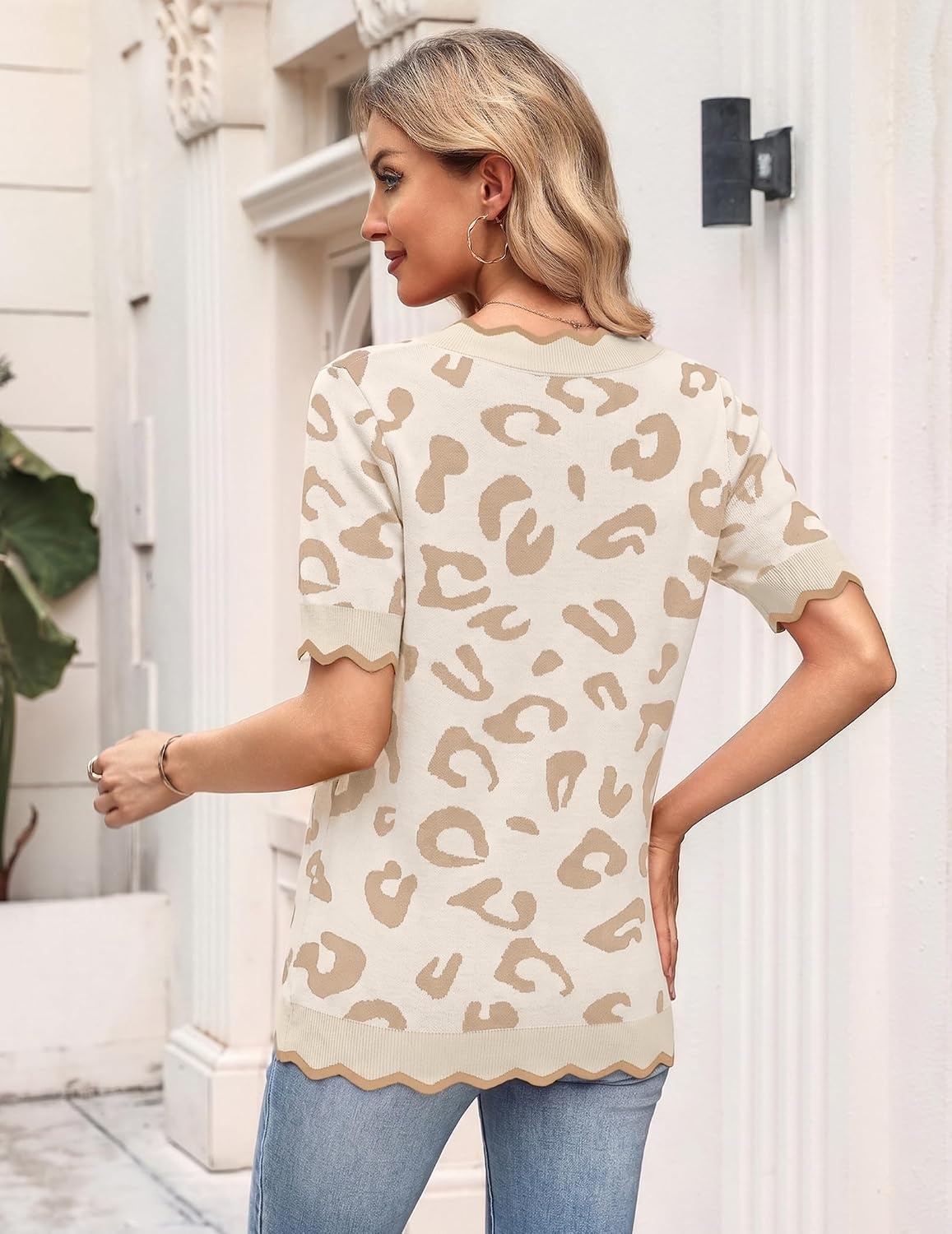 image:imageZeagoo Womens Short Sleeve Sweater 2026 Summer V Neck Tops Dressy BlousesBeige Leopard