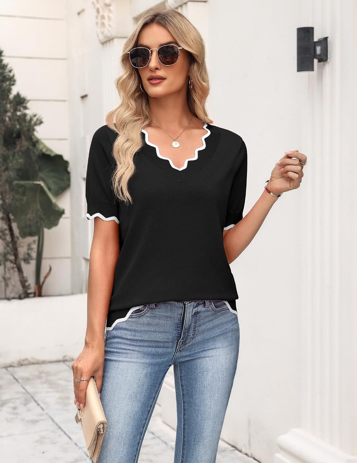 image:imageZeagoo Womens Short Sleeve Sweater 2026 Summer V Neck Tops Dressy BlousesBlack