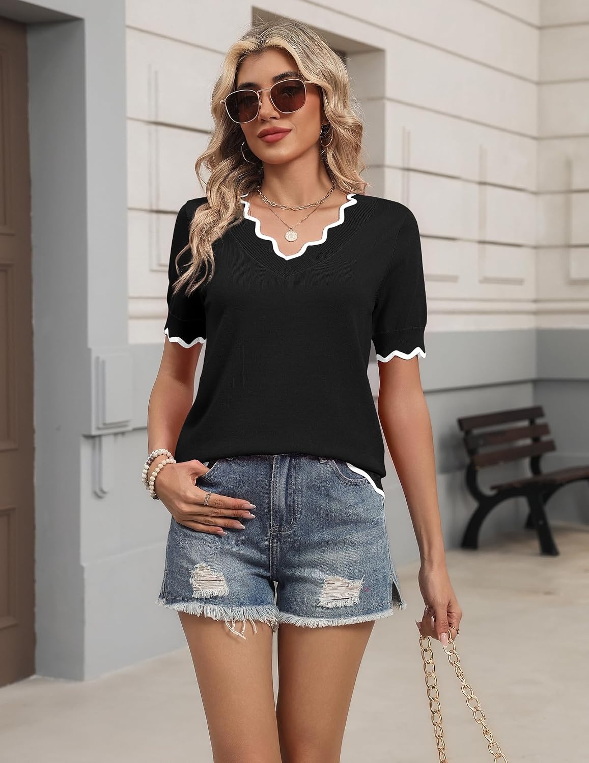 image:imageZeagoo Womens Short Sleeve Sweater 2026 Summer V Neck Tops Dressy BlousesBlack