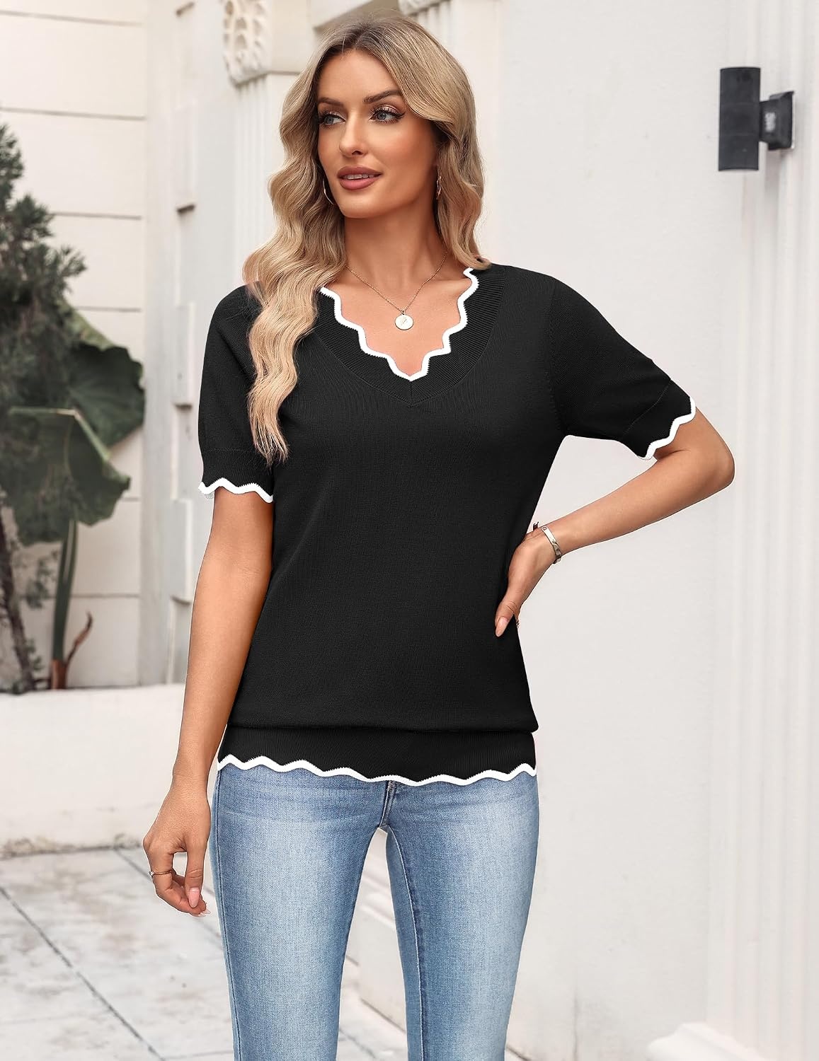 image:imageZeagoo Womens Short Sleeve Sweater 2026 Summer V Neck Tops Dressy BlousesBlack