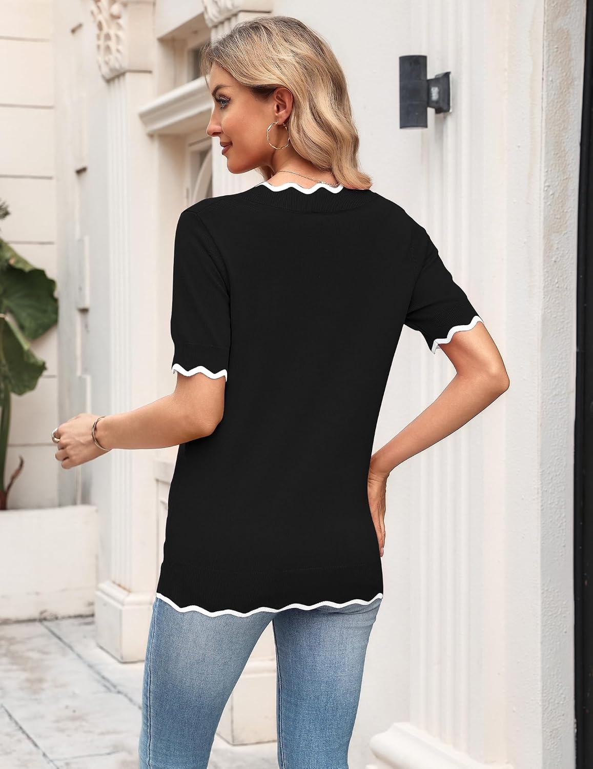 image:imageZeagoo Womens Short Sleeve Sweater 2026 Summer V Neck Tops Dressy BlousesBlack