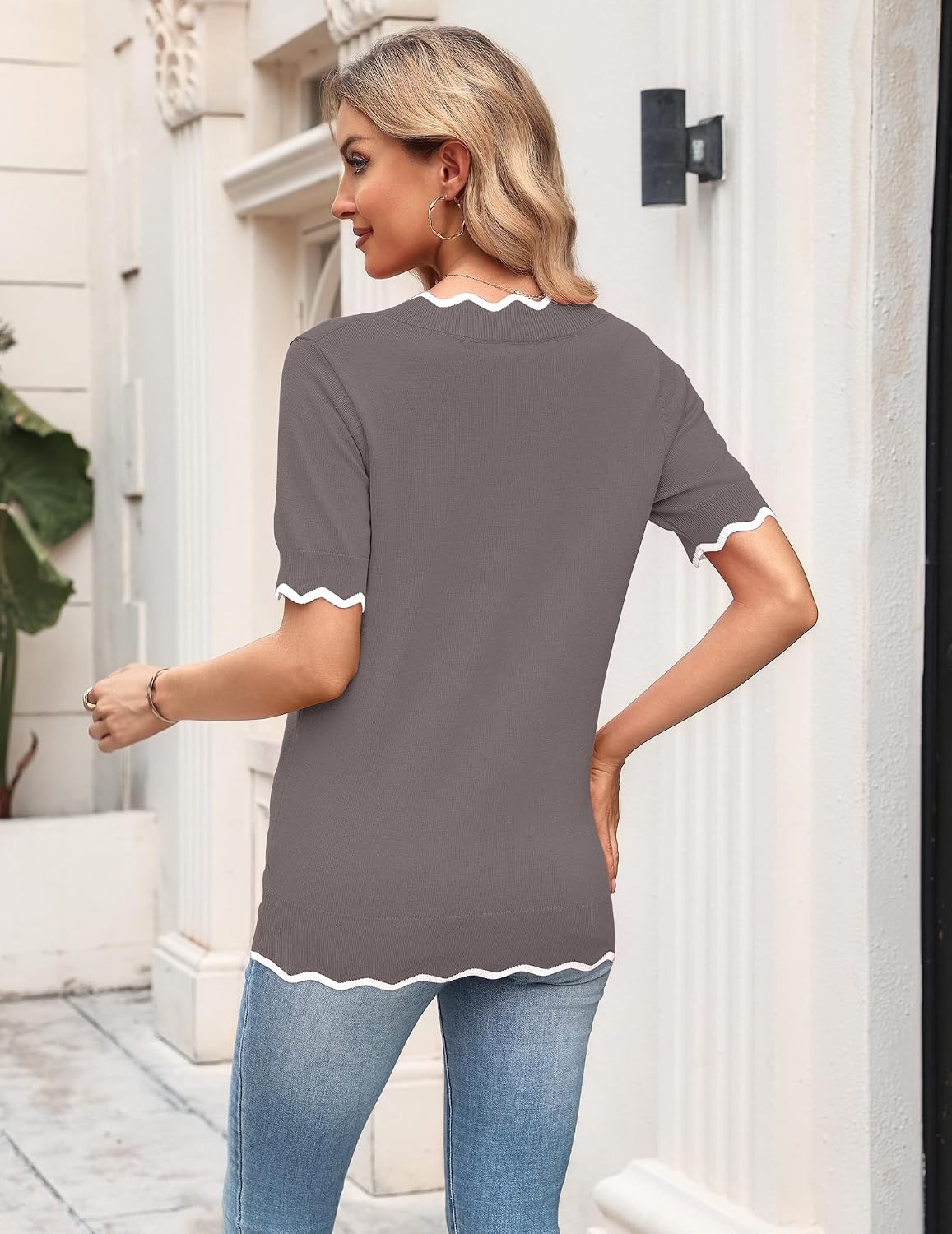 image:imageZeagoo Womens Short Sleeve Sweater 2026 Summer V Neck Tops Dressy BlousesBrown