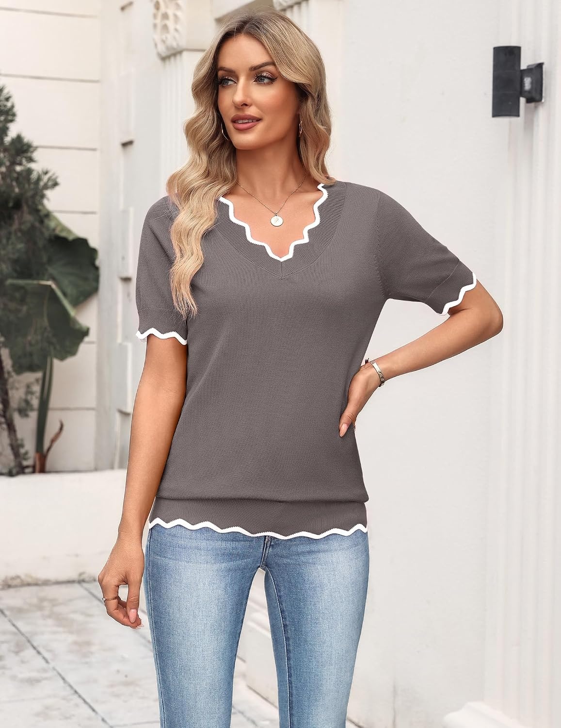 image:imageZeagoo Womens Short Sleeve Sweater 2026 Summer V Neck Tops Dressy BlousesBrown