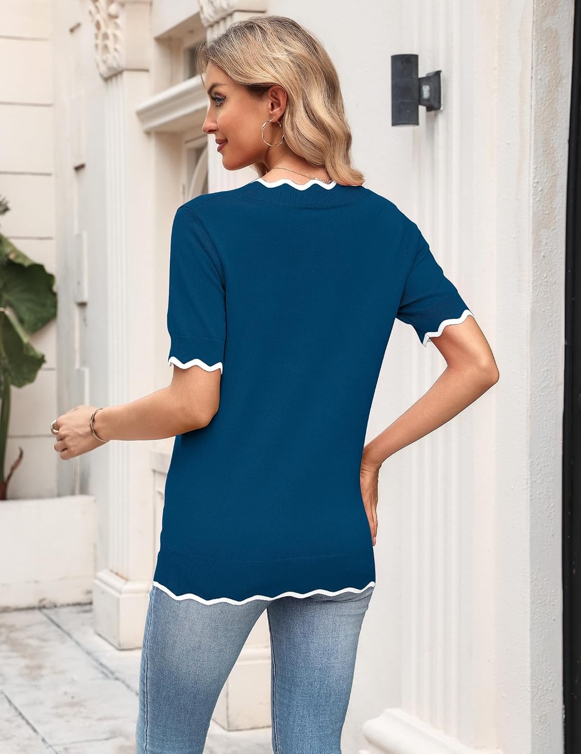 image:imageZeagoo Womens Short Sleeve Sweater 2026 Summer V Neck Tops Dressy BlousesDark Blue