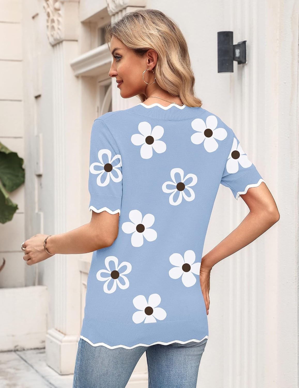 image:imageZeagoo Womens Short Sleeve Sweater 2026 Summer V Neck Tops Dressy BlousesFlower Blue