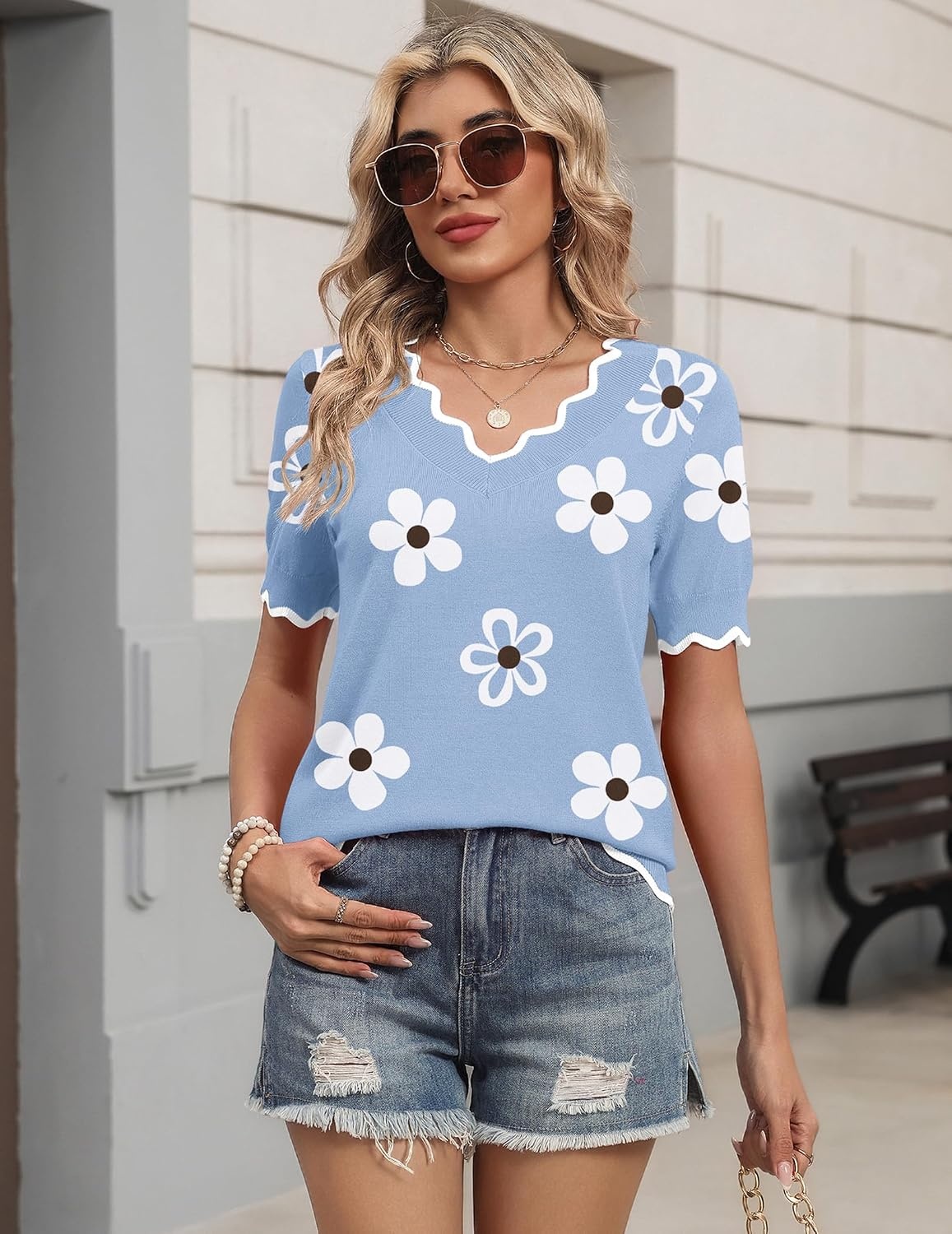 image:imageZeagoo Womens Short Sleeve Sweater 2026 Summer V Neck Tops Dressy BlousesFlower Blue