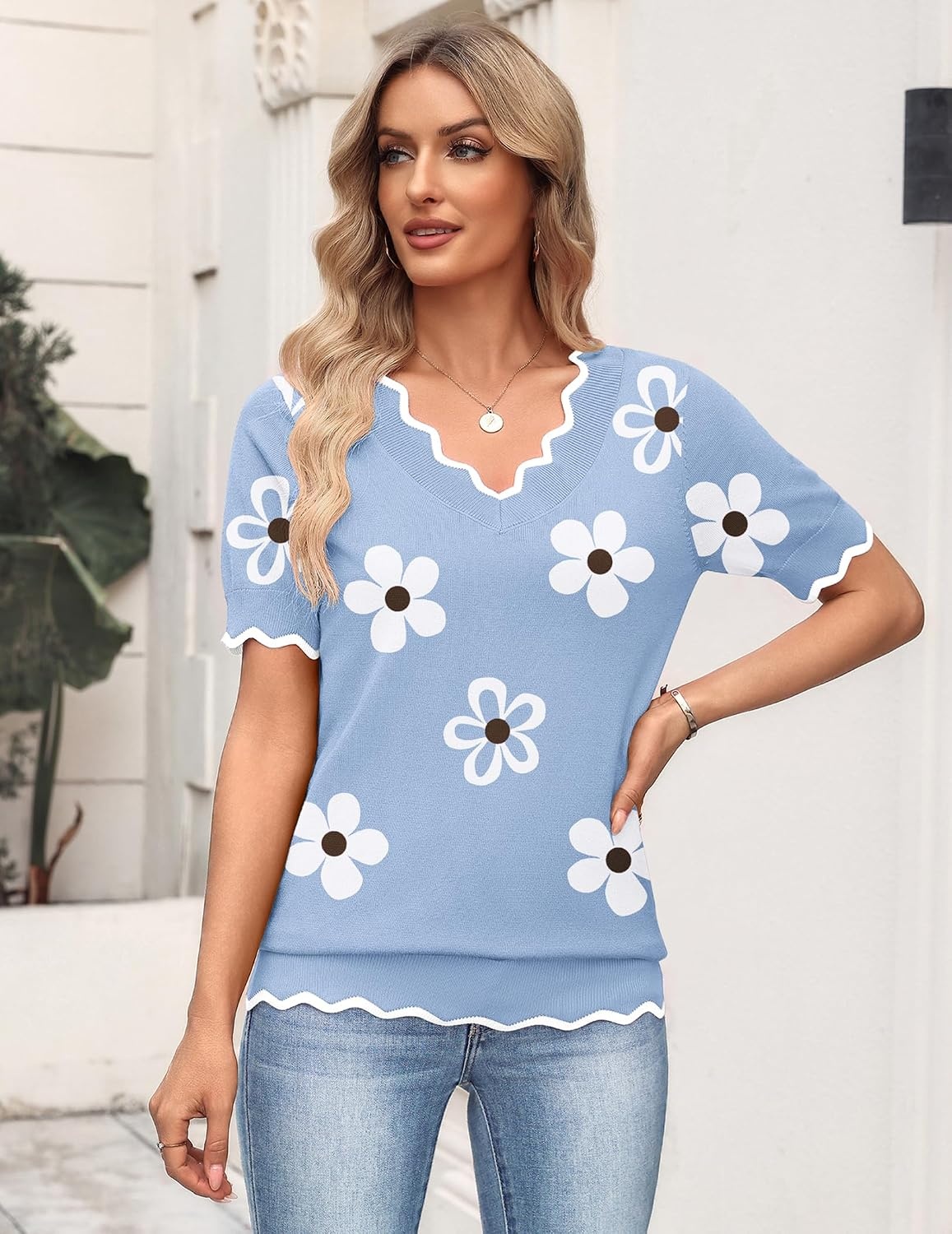 image:imageZeagoo Womens Short Sleeve Sweater 2026 Summer V Neck Tops Dressy BlousesFlower Blue