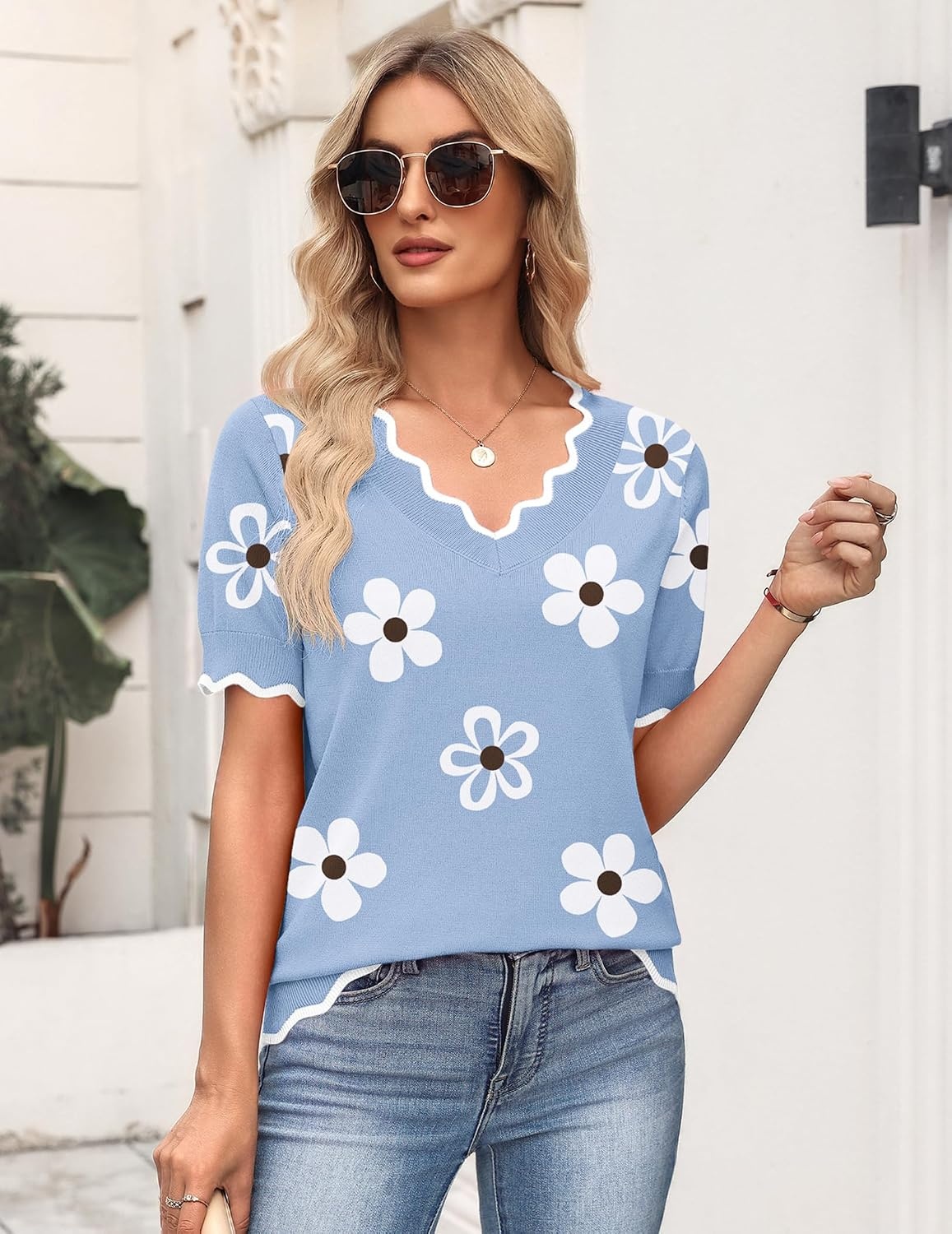 image:imageZeagoo Womens Short Sleeve Sweater 2026 Summer V Neck Tops Dressy BlousesFlower Blue