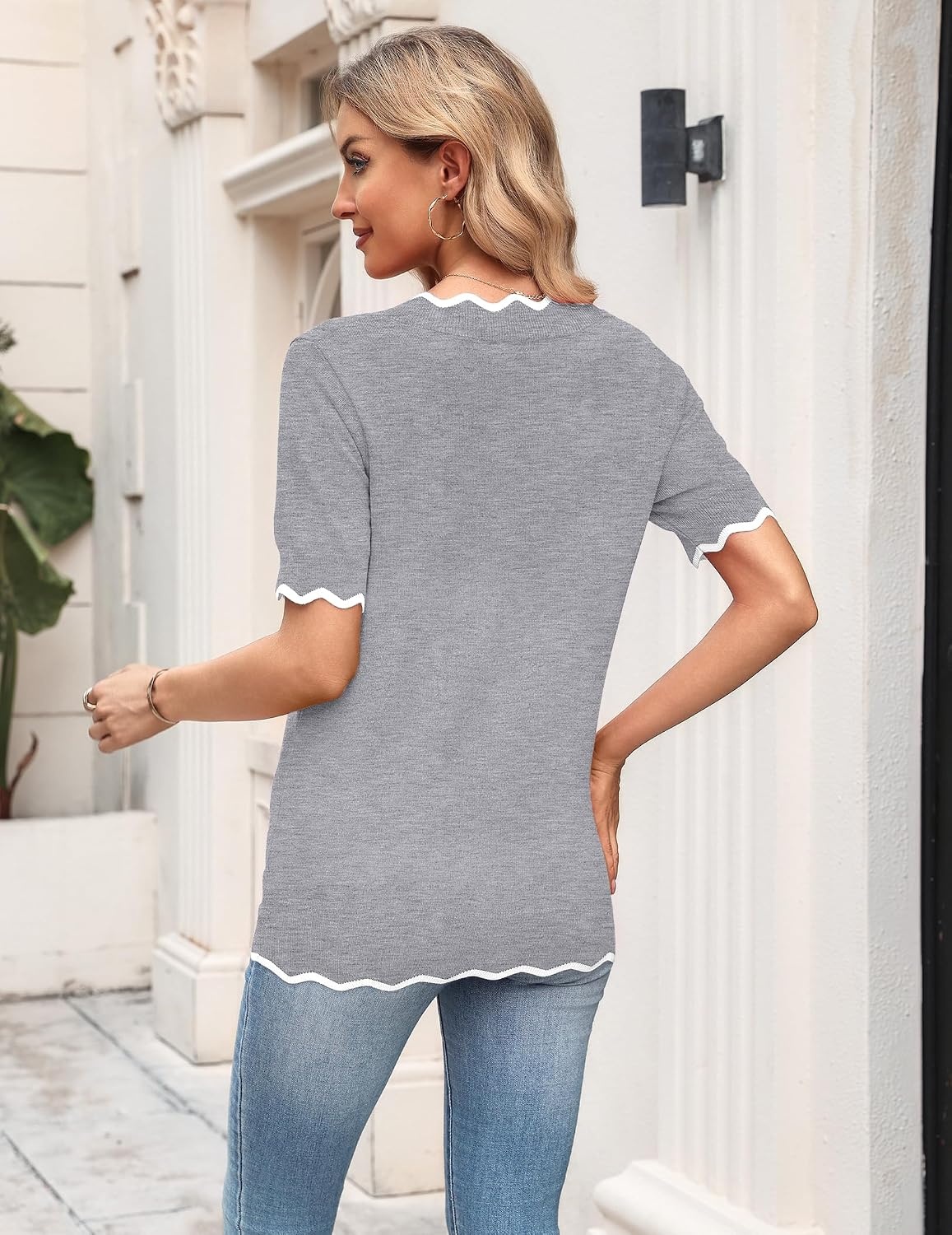 image:imageZeagoo Womens Short Sleeve Sweater 2026 Summer V Neck Tops Dressy BlousesGrey