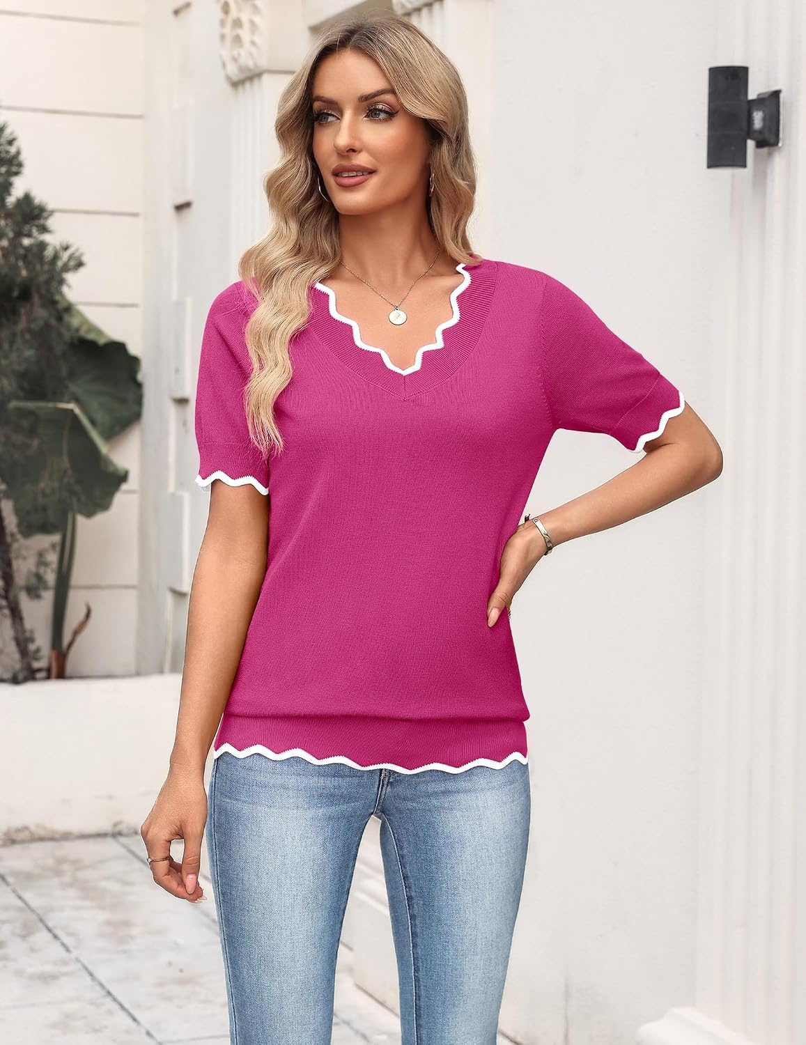 image:imageZeagoo Womens Short Sleeve Sweater 2026 Summer V Neck Tops Dressy BlousesHot Pink