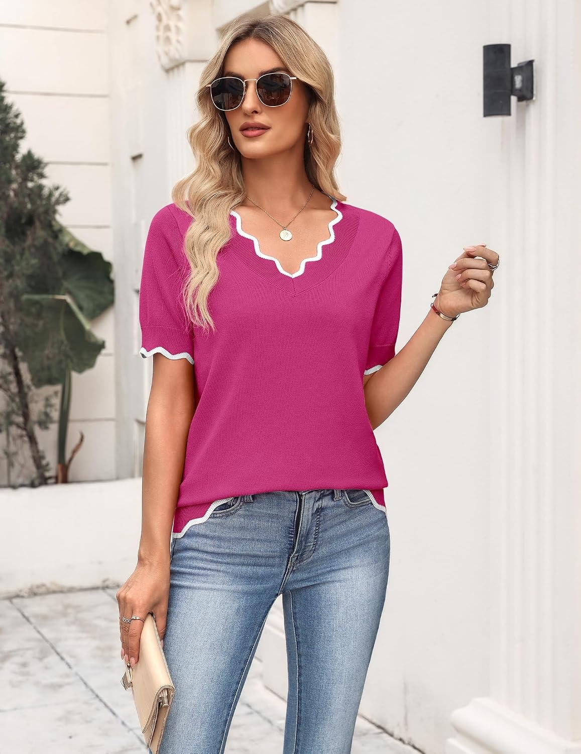 image:imageZeagoo Womens Short Sleeve Sweater 2026 Summer V Neck Tops Dressy BlousesHot Pink