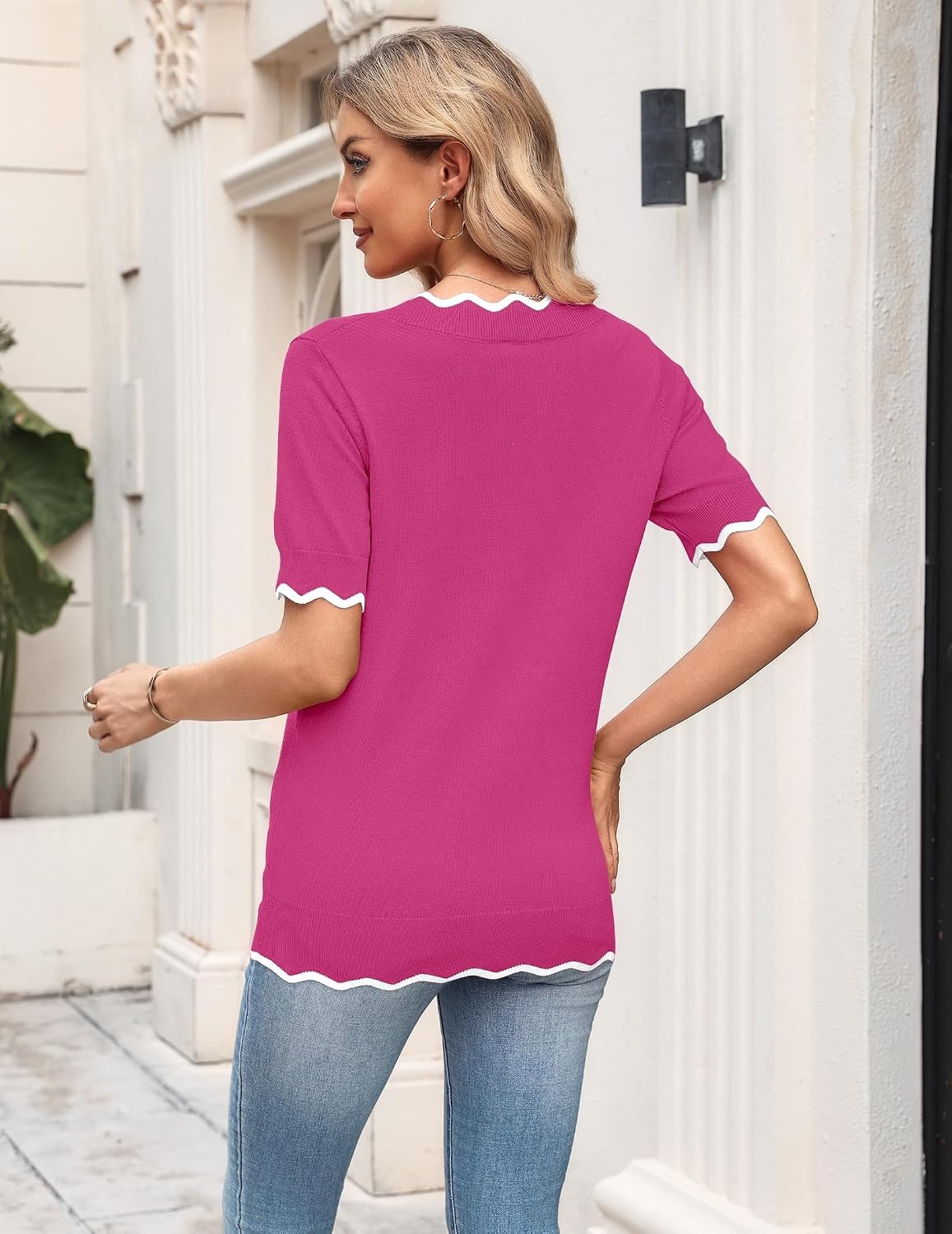 image:imageZeagoo Womens Short Sleeve Sweater 2026 Summer V Neck Tops Dressy BlousesHot Pink