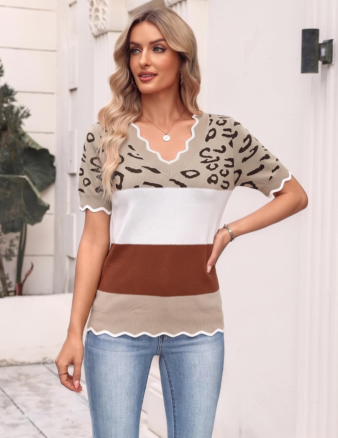 image:imageZeagoo Womens Short Sleeve Sweater 2026 Summer V Neck Tops Dressy BlousesJh722