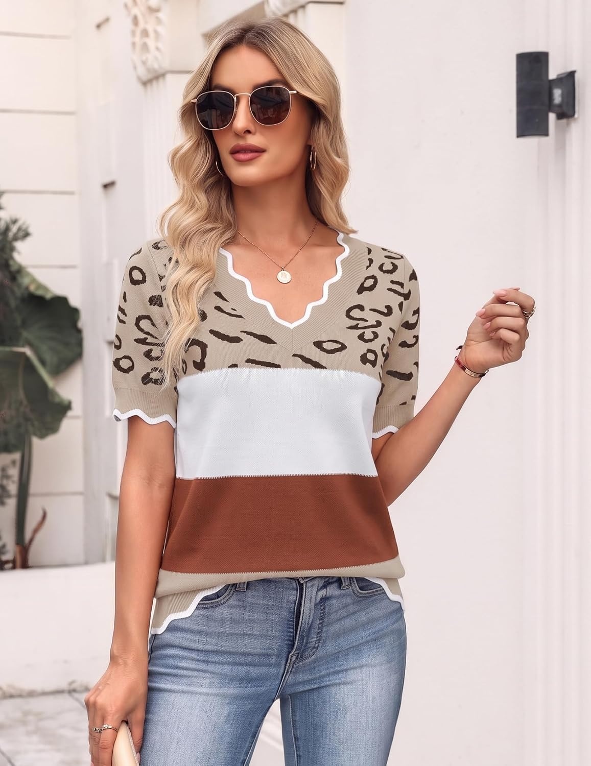 image:imageZeagoo Womens Short Sleeve Sweater 2026 Summer V Neck Tops Dressy BlousesJh722