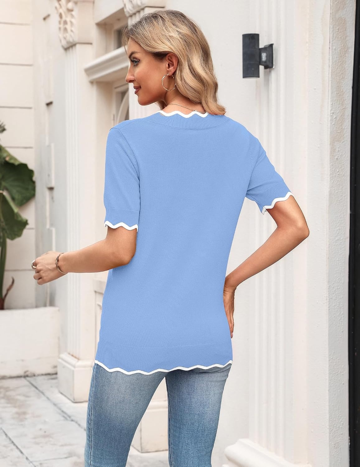 image:imageZeagoo Womens Short Sleeve Sweater 2026 Summer V Neck Tops Dressy BlousesLight Blue