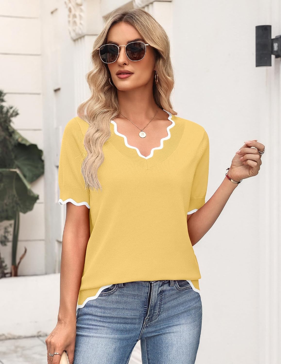 image:imageZeagoo Womens Short Sleeve Sweater 2026 Summer V Neck Tops Dressy BlousesLight Yellow