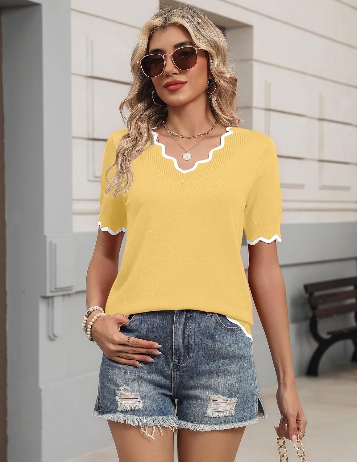image:imageZeagoo Womens Short Sleeve Sweater 2026 Summer V Neck Tops Dressy BlousesLight Yellow
