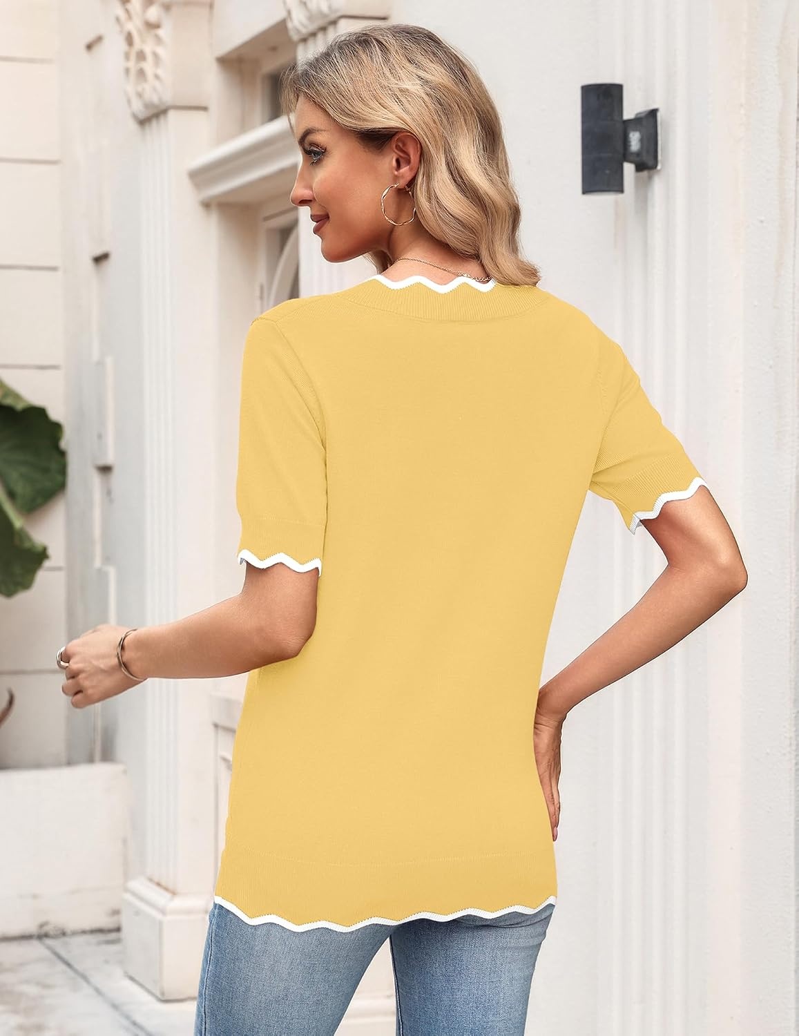 image:imageZeagoo Womens Short Sleeve Sweater 2026 Summer V Neck Tops Dressy BlousesLight Yellow