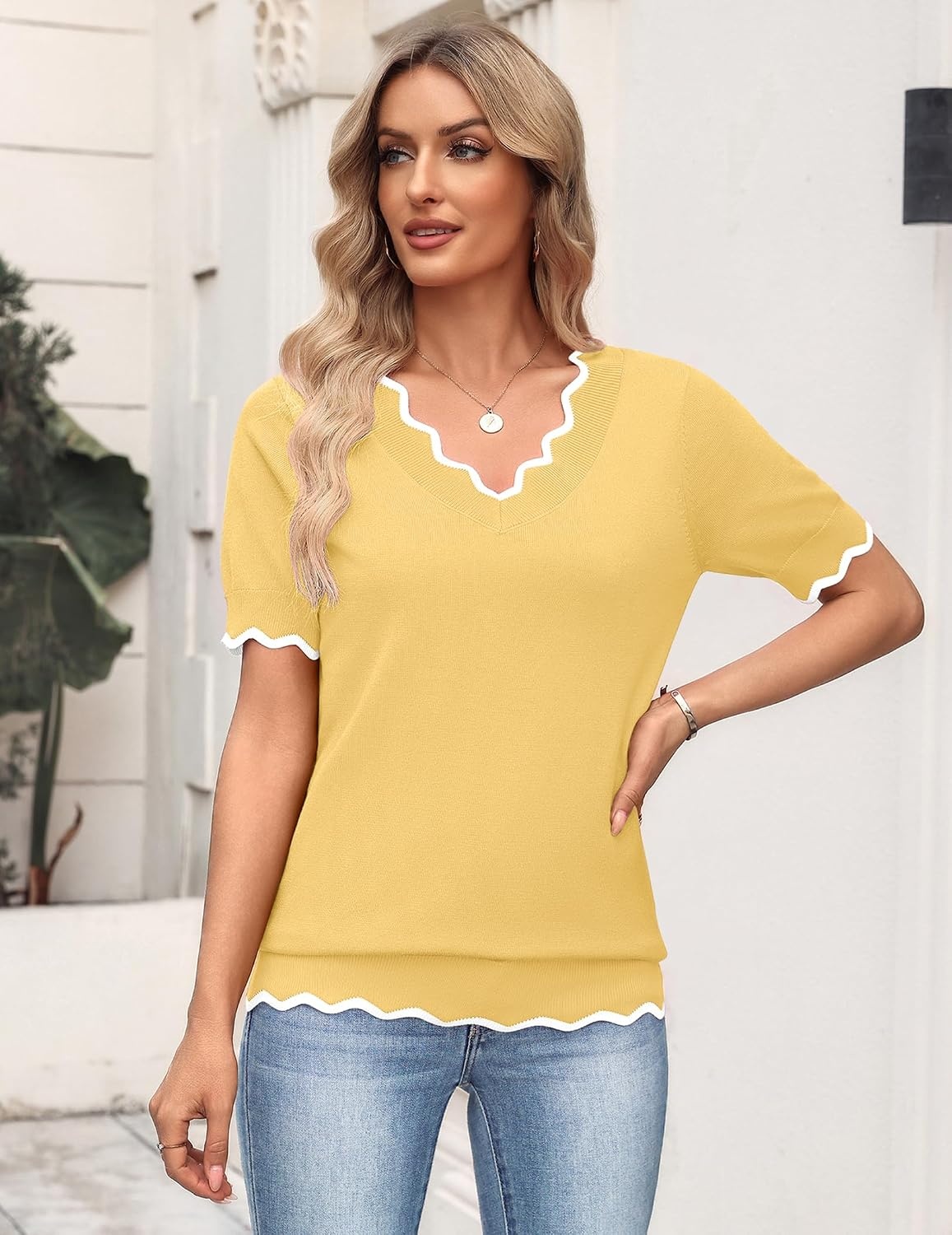 image:imageZeagoo Womens Short Sleeve Sweater 2026 Summer V Neck Tops Dressy BlousesLight Yellow