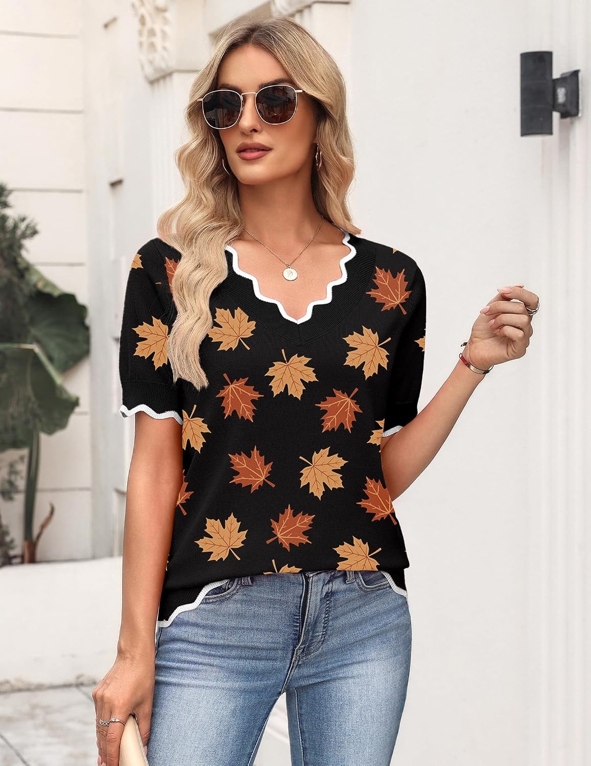 image:imageZeagoo Womens Short Sleeve Sweater 2026 Summer V Neck Tops Dressy BlousesMaple Leaf