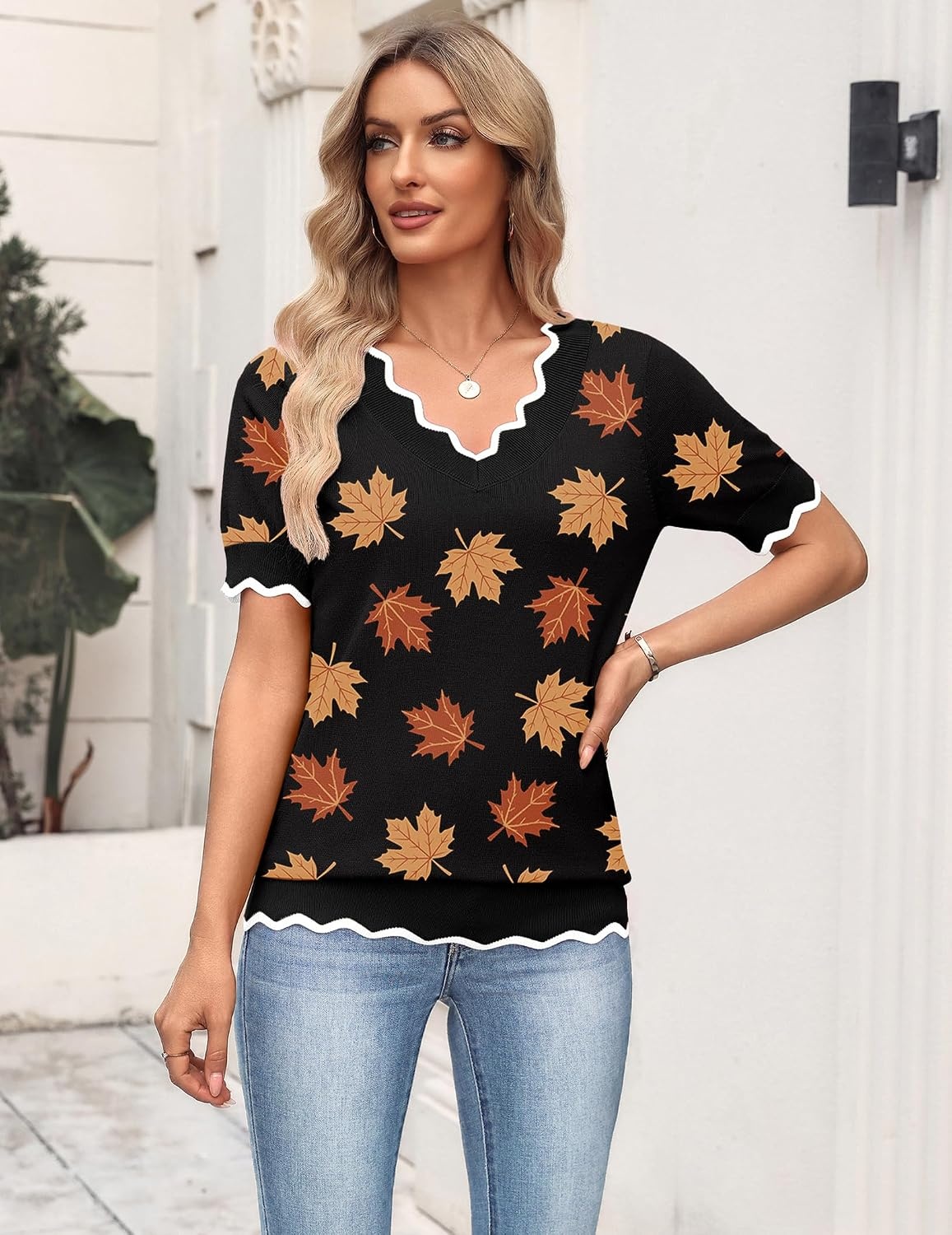 image:imageZeagoo Womens Short Sleeve Sweater 2026 Summer V Neck Tops Dressy BlousesMaple Leaf