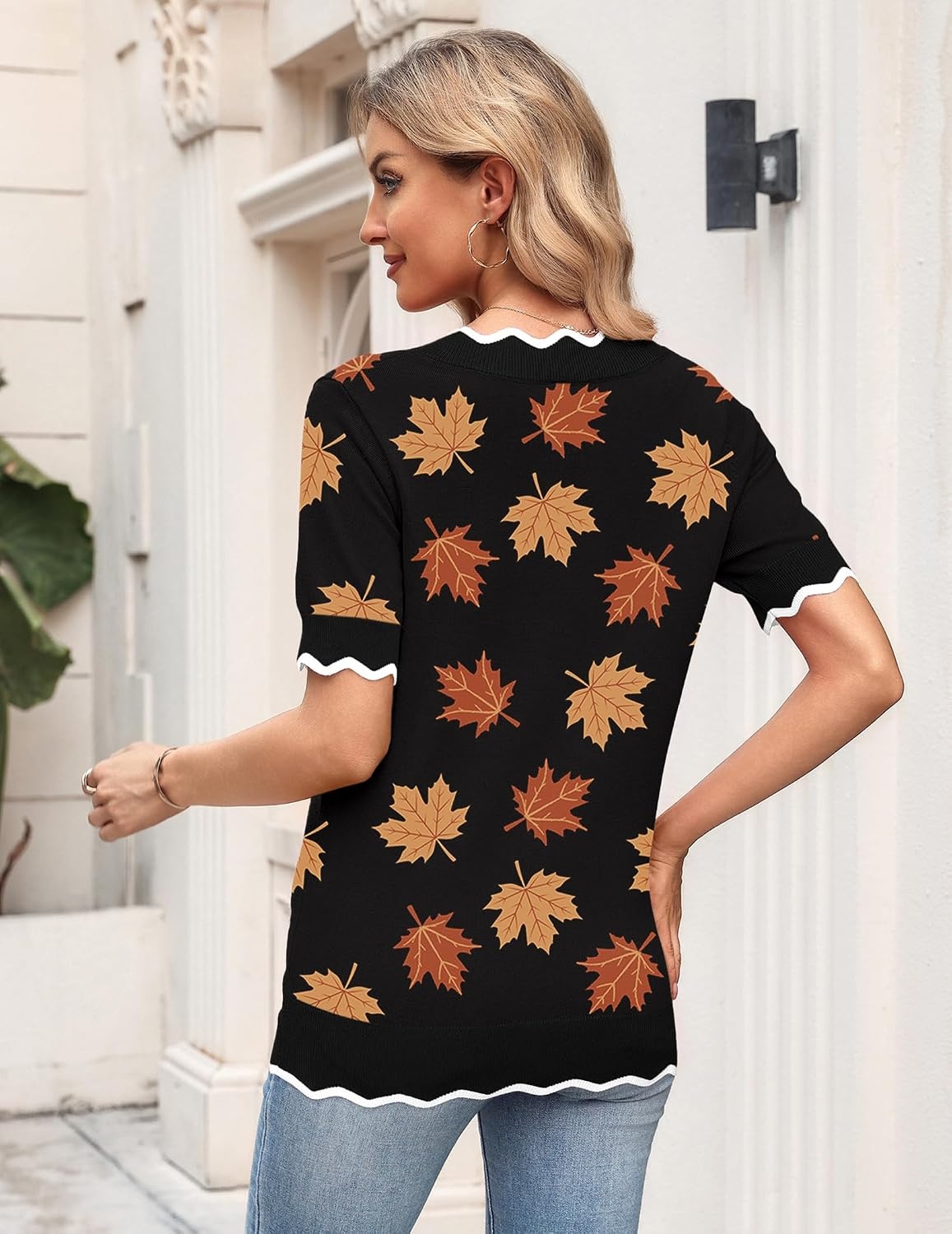 image:imageZeagoo Womens Short Sleeve Sweater 2026 Summer V Neck Tops Dressy BlousesMaple Leaf