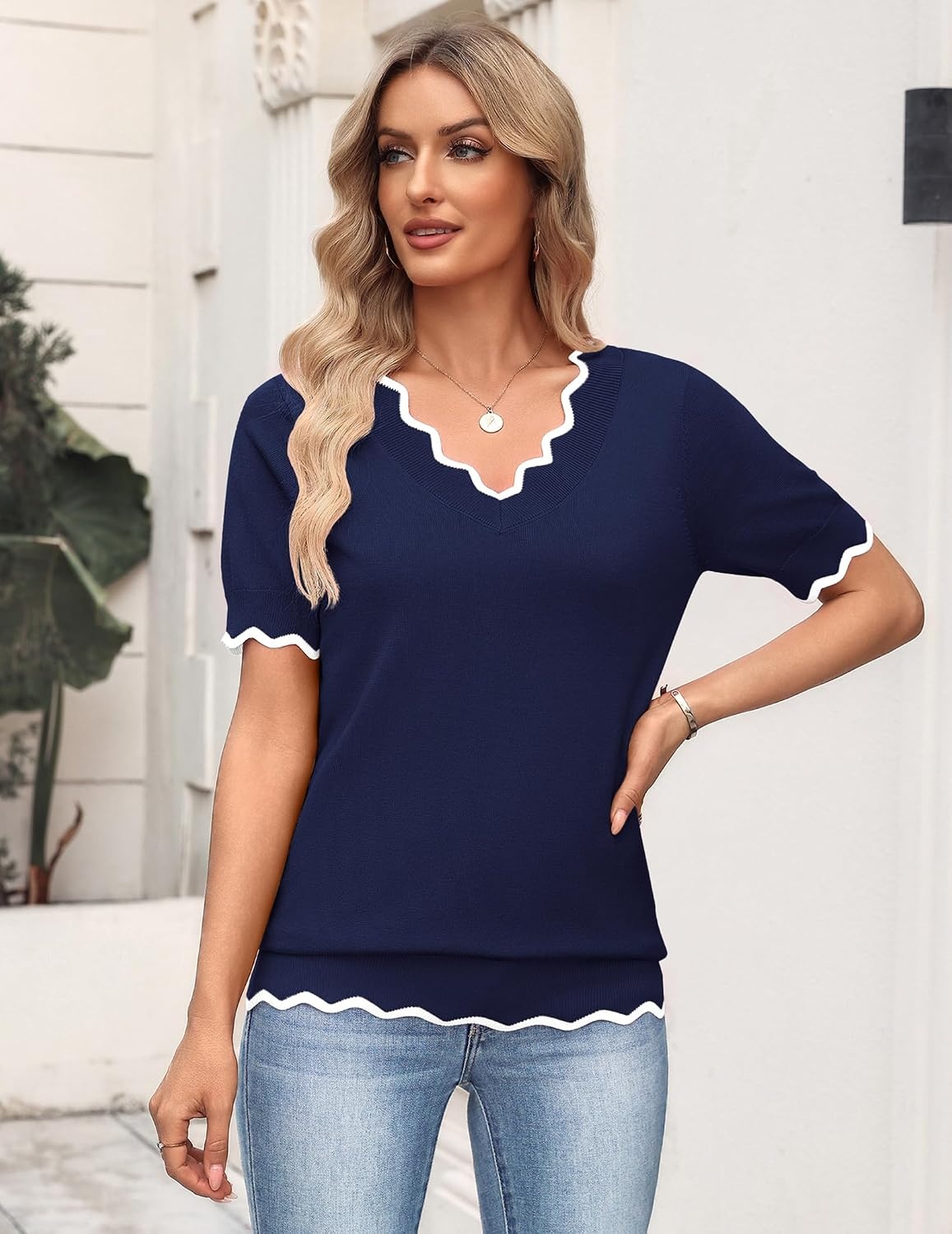 image:imageZeagoo Womens Short Sleeve Sweater 2026 Summer V Neck Tops Dressy BlousesNavy Blue