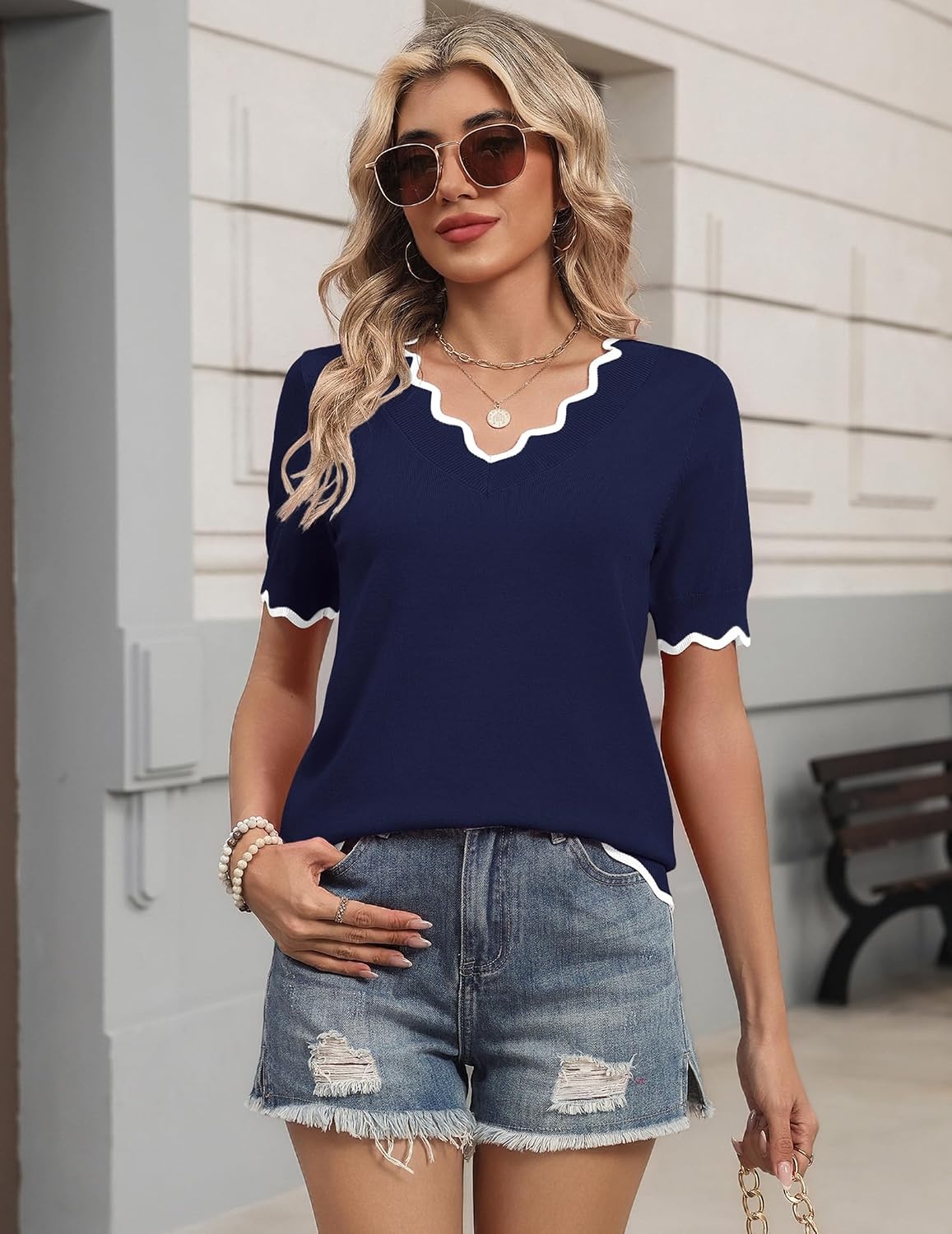 image:imageZeagoo Womens Short Sleeve Sweater 2026 Summer V Neck Tops Dressy BlousesNavy Blue