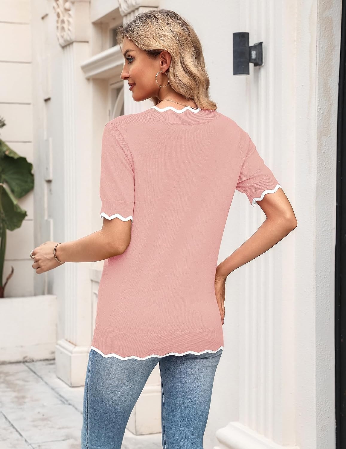 image:imageZeagoo Womens Short Sleeve Sweater 2026 Summer V Neck Tops Dressy BlousesPink