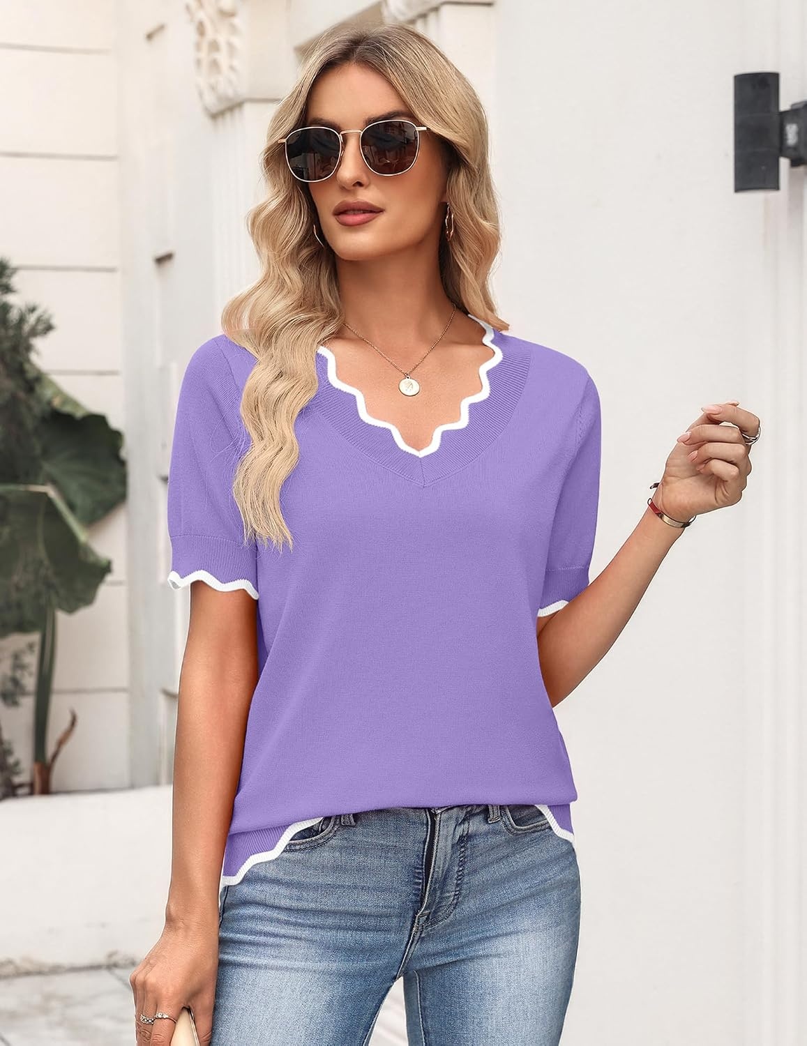 image:imageZeagoo Womens Short Sleeve Sweater 2026 Summer V Neck Tops Dressy BlousesPurple