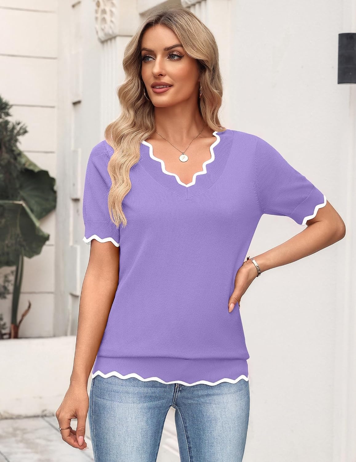 image:imageZeagoo Womens Short Sleeve Sweater 2026 Summer V Neck Tops Dressy BlousesPurple