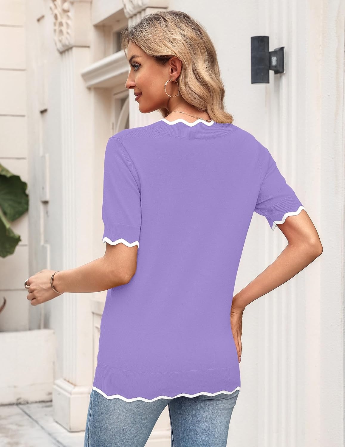 image:imageZeagoo Womens Short Sleeve Sweater 2026 Summer V Neck Tops Dressy BlousesPurple