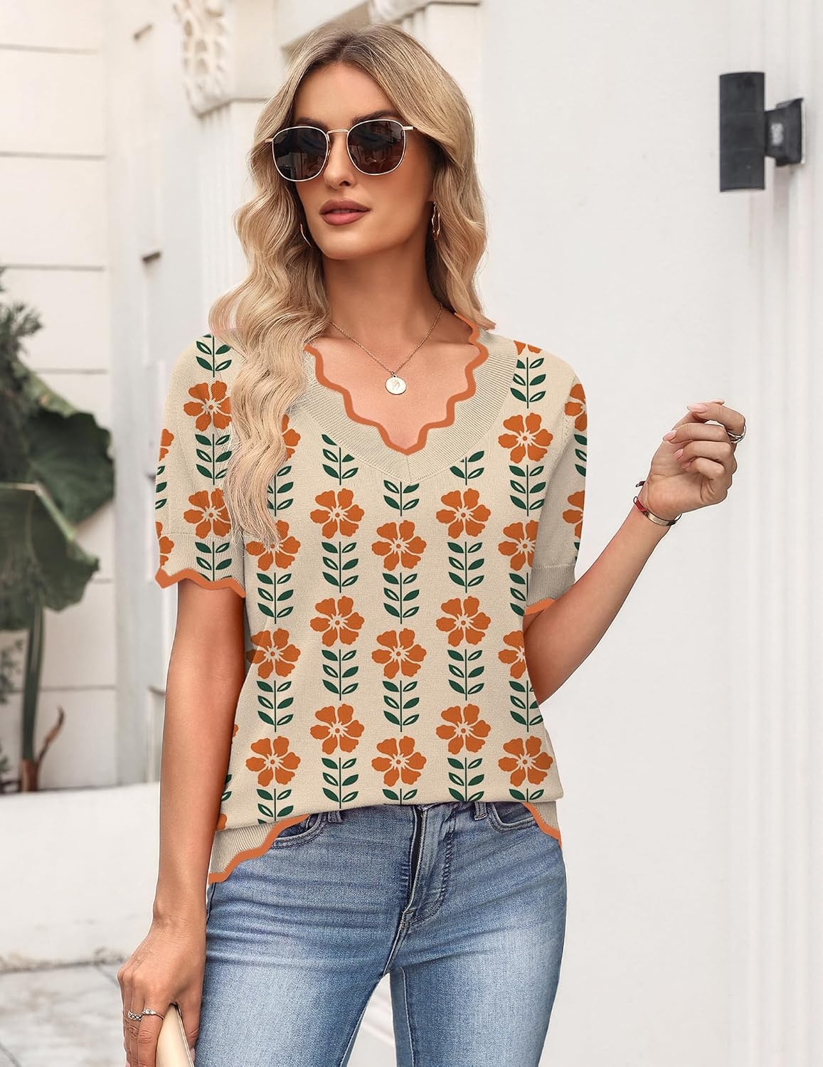 image:imageZeagoo Womens Short Sleeve Sweater 2026 Summer V Neck Tops Dressy BlousesSf167