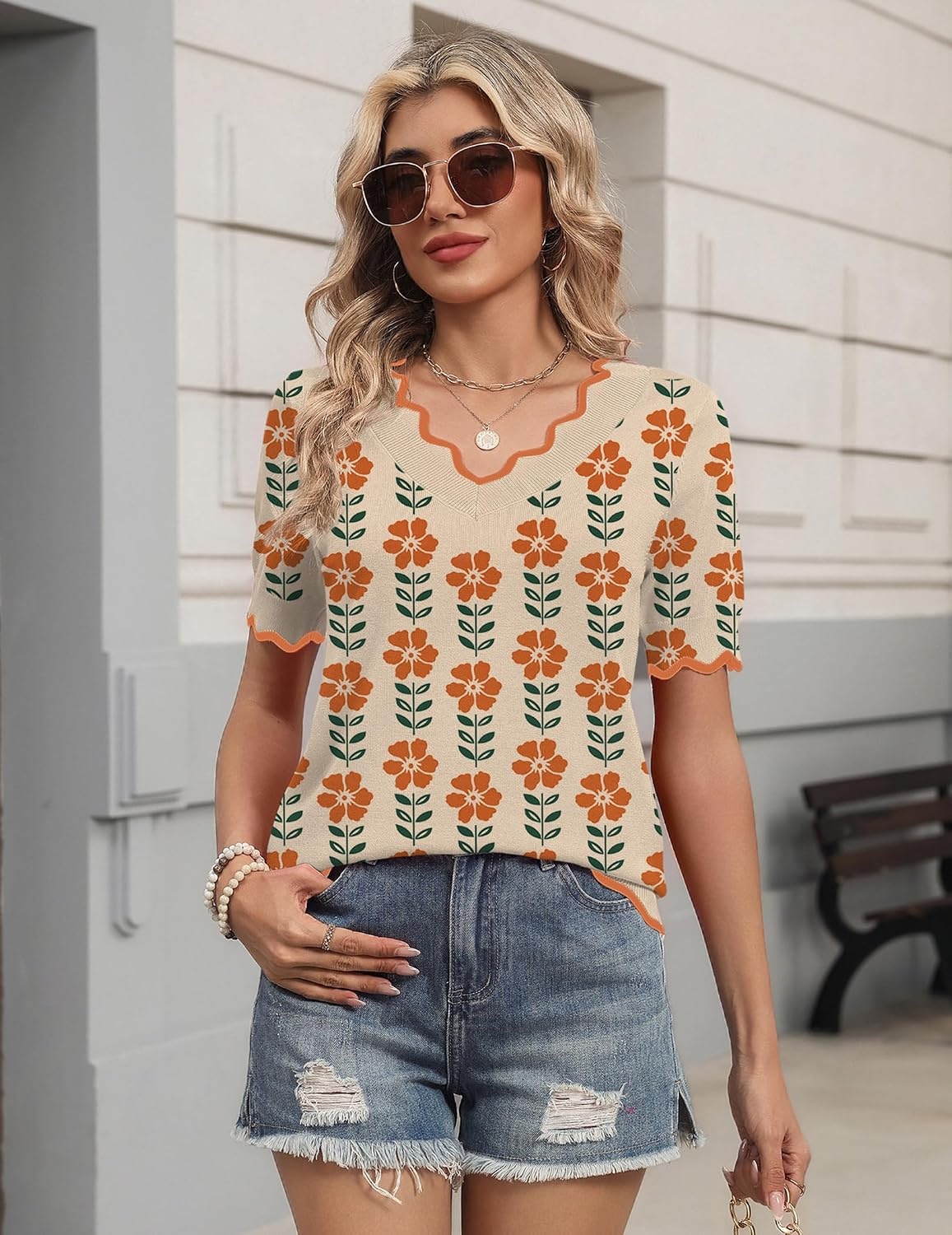 image:imageZeagoo Womens Short Sleeve Sweater 2026 Summer V Neck Tops Dressy BlousesSf167