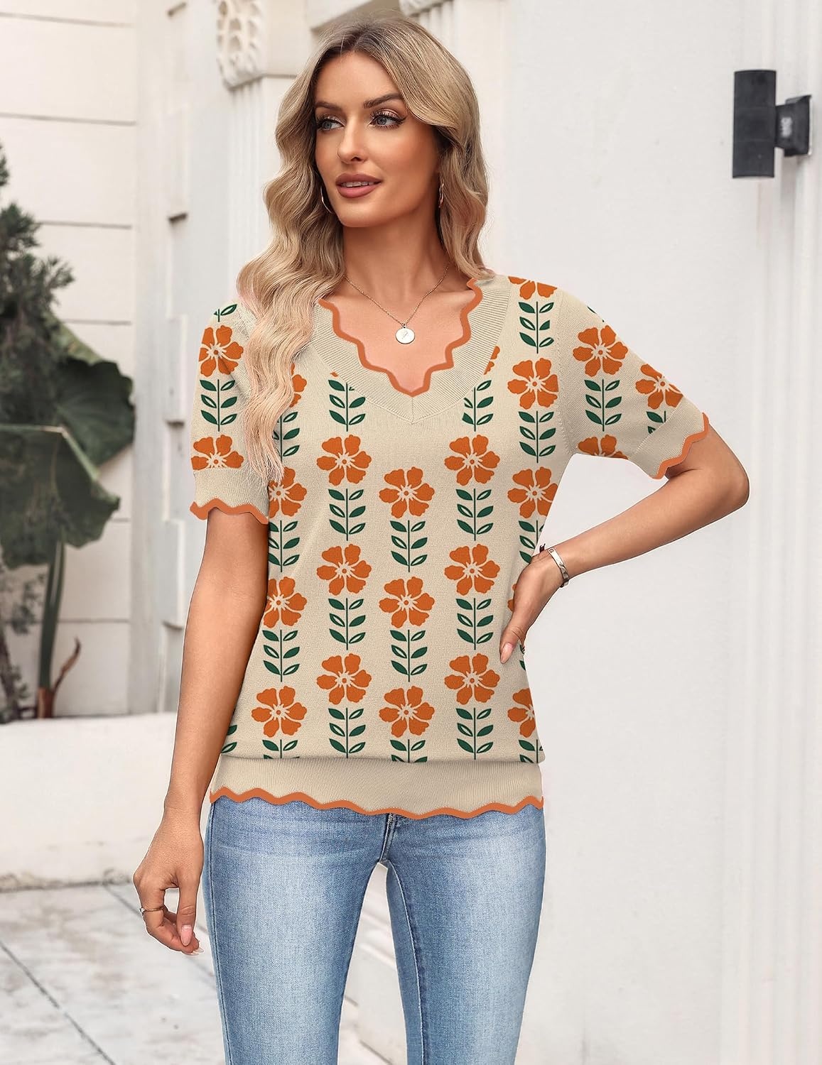 image:imageZeagoo Womens Short Sleeve Sweater 2026 Summer V Neck Tops Dressy BlousesSf167