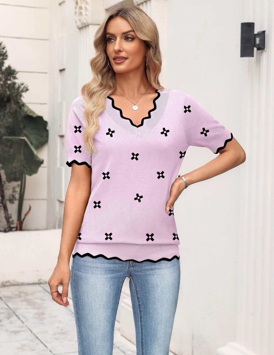image:imageZeagoo Womens Short Sleeve Sweater 2026 Summer V Neck Tops Dressy BlousesSpink Flower