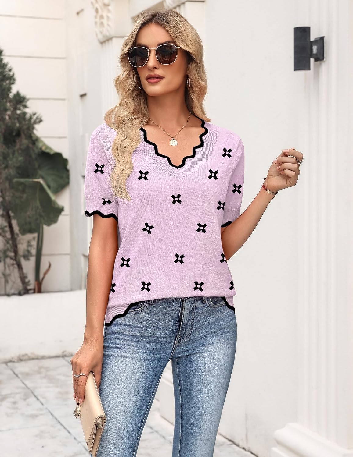 image:imageZeagoo Womens Short Sleeve Sweater 2026 Summer V Neck Tops Dressy BlousesSpink Flower