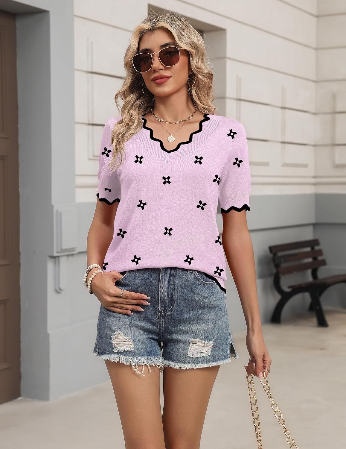image:imageZeagoo Womens Short Sleeve Sweater 2026 Summer V Neck Tops Dressy BlousesSpink Flower