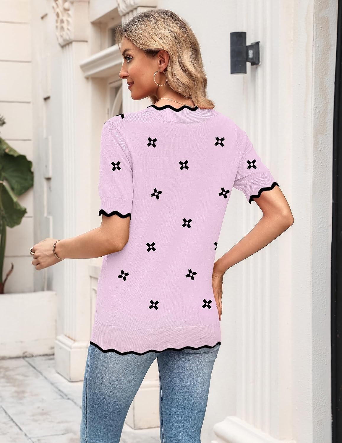 image:imageZeagoo Womens Short Sleeve Sweater 2026 Summer V Neck Tops Dressy BlousesSpink Flower