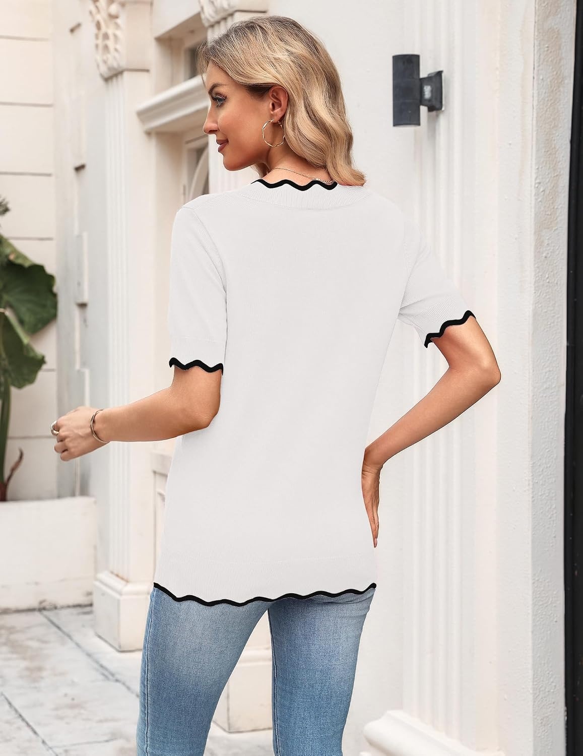 image:imageZeagoo Womens Short Sleeve Sweater 2026 Summer V Neck Tops Dressy BlousesWhite