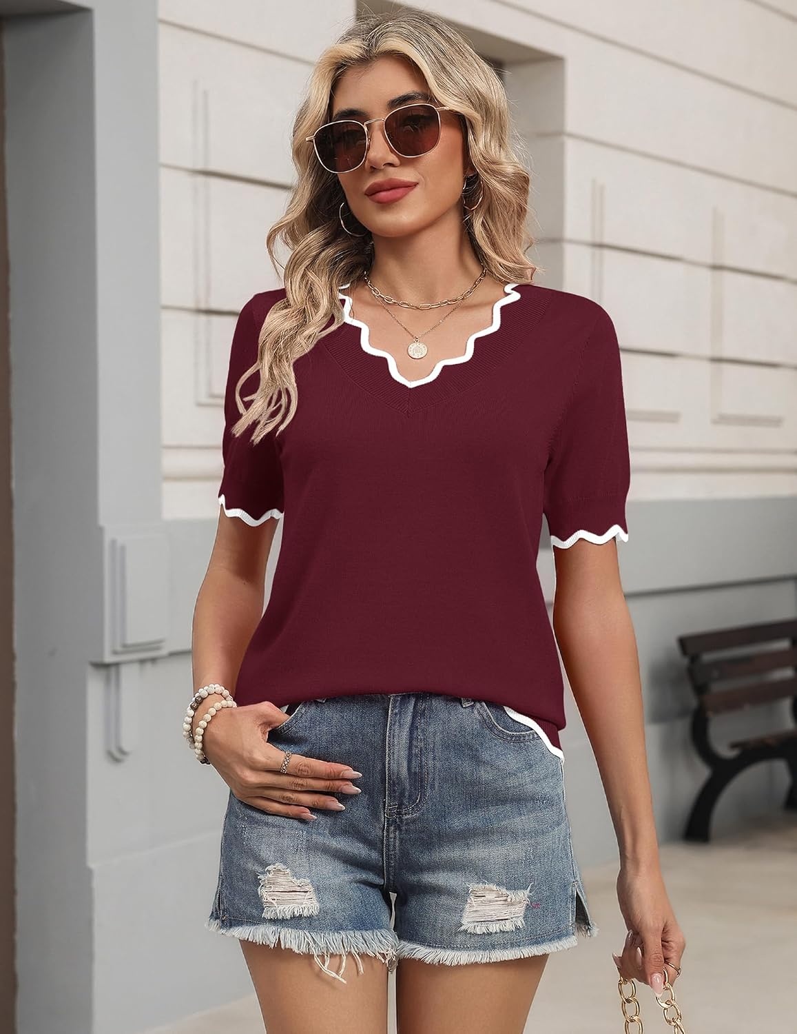 image:imageZeagoo Womens Short Sleeve Sweater 2026 Summer V Neck Tops Dressy BlousesWine Red